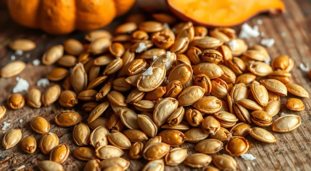 Pumpkin seeds added to a fresh salad with greens, nuts, and cranberries for a protein-packed meal