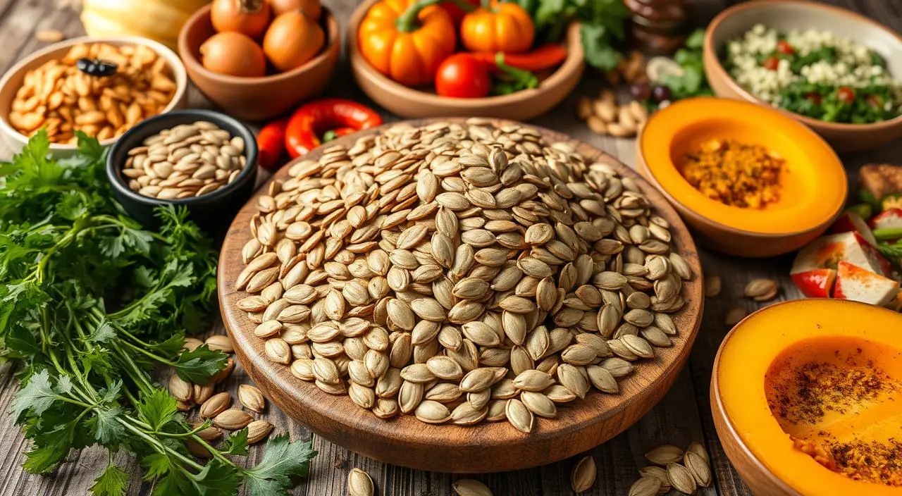 A bowl of raw pumpkin seeds on a wooden table, showcasing their rich nutrients and health benefits