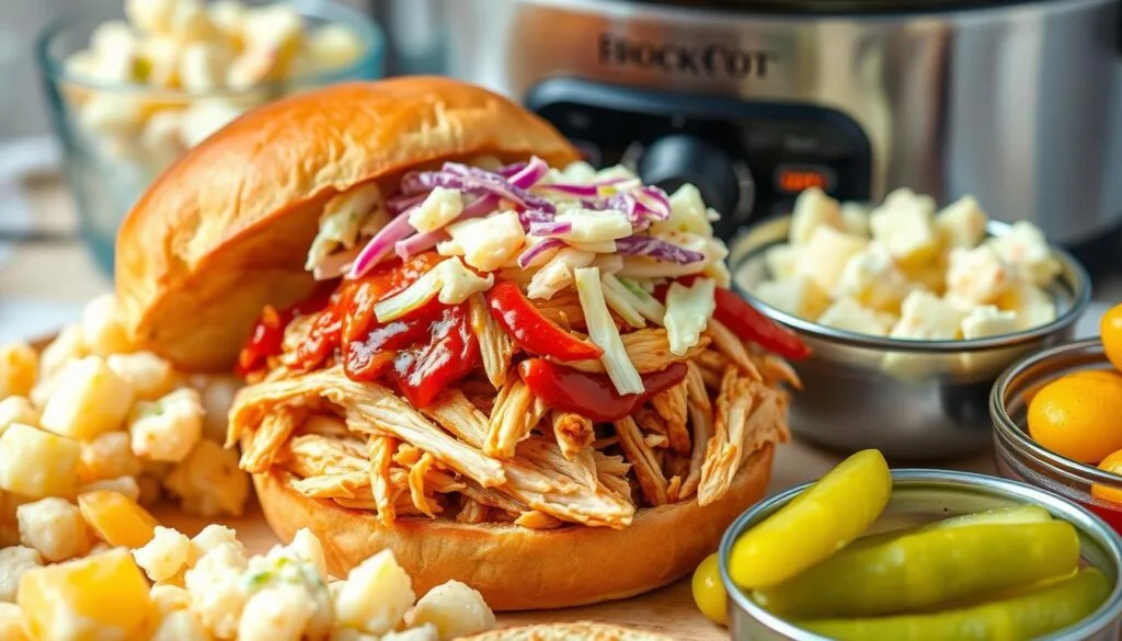 A warm and inviting crock pot meal featuring slow-cooked BBQ pulled pork sandwiches with a side of coleslaw and baked beans.