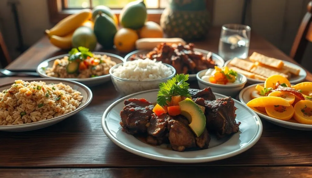 A traditional Puerto Rican lunch showcasing perfectly seasoned pernil, golden tostones, and fluffy arroz con gandules, arranged on a rustic wooden table with tropical decor.