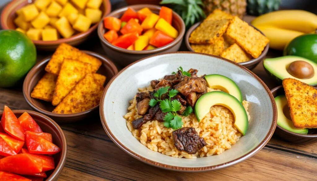 An appetizing Puerto Rican lunch spread featuring a colorful plate of arroz con gandules (rice with pigeon peas), tender pernil (roast pork), and tostones (crispy fried plantains), garnished with fresh herbs and served with a small bowl of vibrant green sofrito sauce.