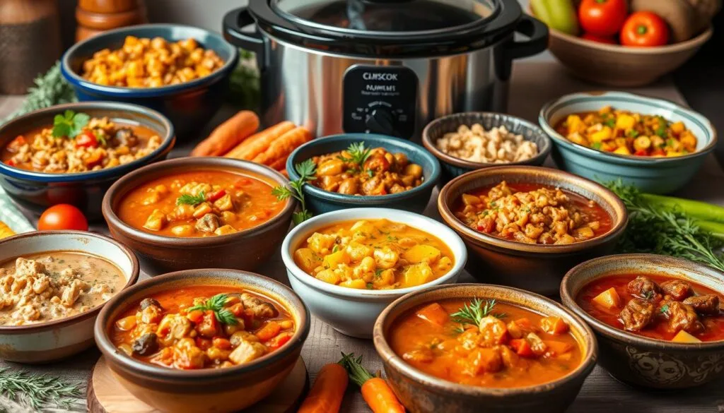 A collage of hearty crock pot lunches including creamy chicken alfredo, beef chili, and vegetable stew, displayed in vibrant bowls ready to serve.