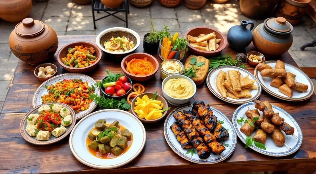 A vibrant spread of traditional Lebanese dishes, including hummus, tabbouleh, kibbeh, and pita bread, served on a rustic wooden table with fresh herbs as garnish.