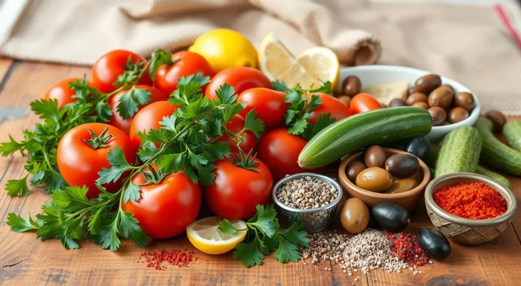 A refreshing tabbouleh salad featuring finely chopped parsley, tomatoes, onions, and bulgur, dressed with lemon juice and olive oil.