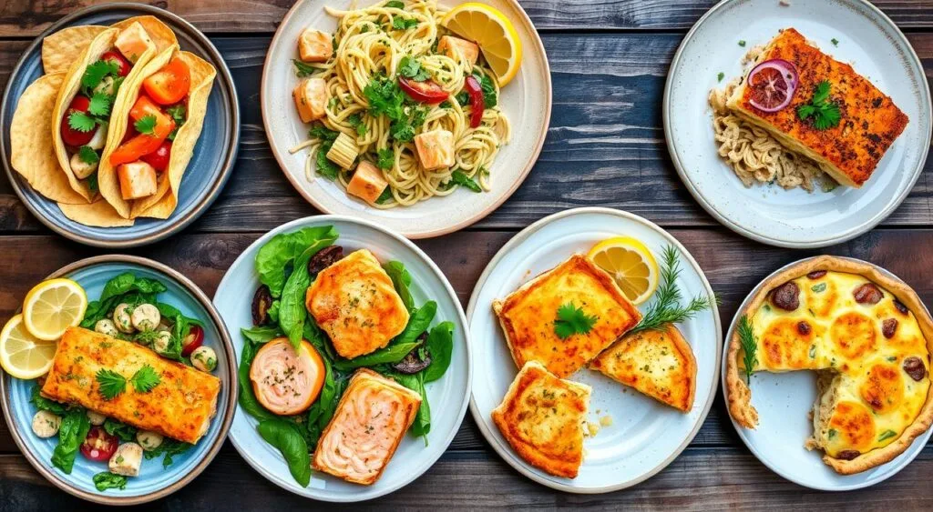 A selection of 10 creative and delicious leftover salmon dishes, beautifully presented on a table with vibrant ingredients.