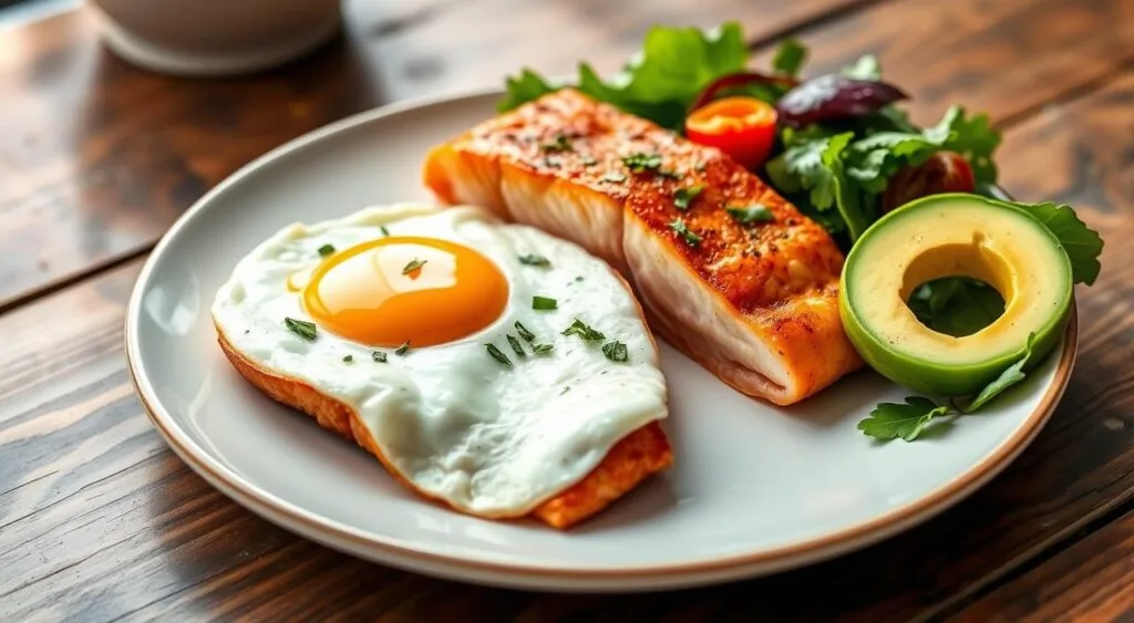 A wholesome breakfast of salmon and eggs, garnished with herbs and served alongside fresh vegetables on a clean plate.