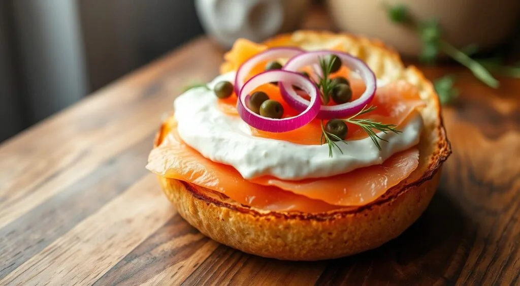 A breakfast platter featuring Smoked Salmon Recipes Breakfast, hard-boiled eggs, sliced cucumbers, cherry tomatoes, cream cheese, and toasted bread slices.