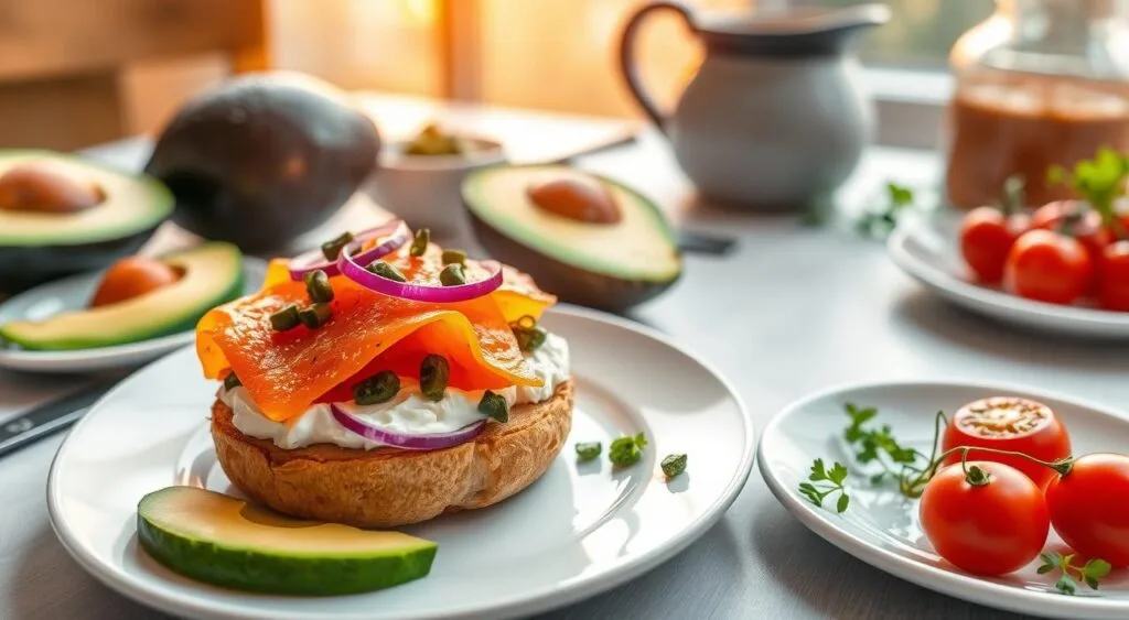 A toasted bagel layered with creamy cream cheese, slices of smoked salmon, red onion rings, capers, and fresh dill, served on a rustic plate.