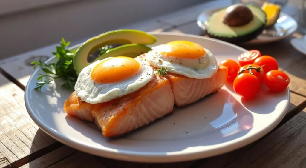 A vibrant breakfast spread showcasing salmon fillets and fluffy eggs, complemented by a touch of greens and lemon slices.