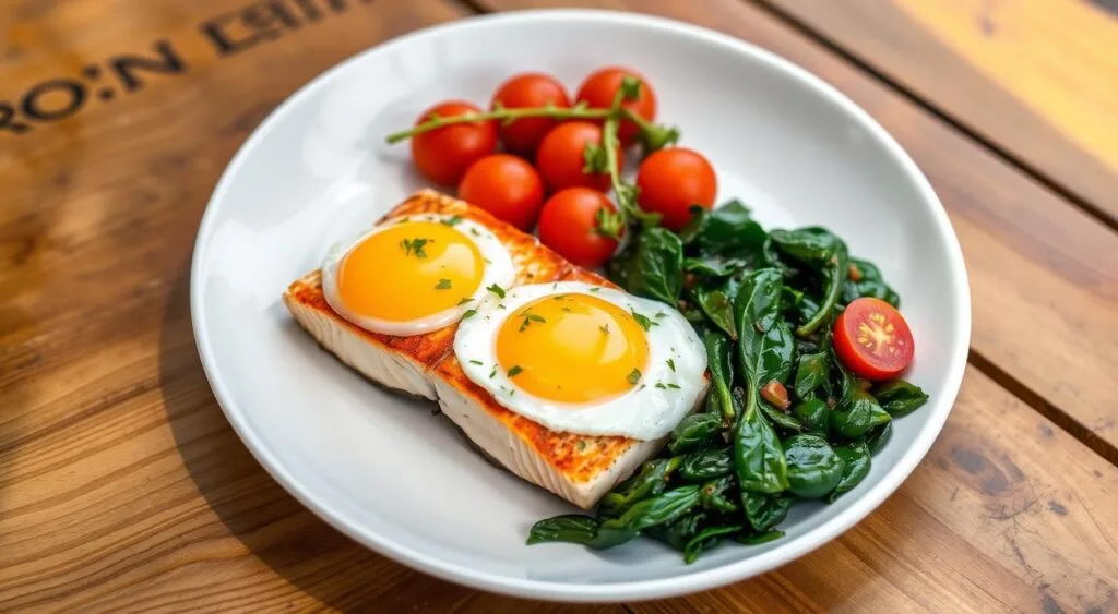 A plated Salmon and Eggs Breakfast featuring flaky salmon, scrambled eggs, and fresh garnishes, served with a side of greens on a white dish.