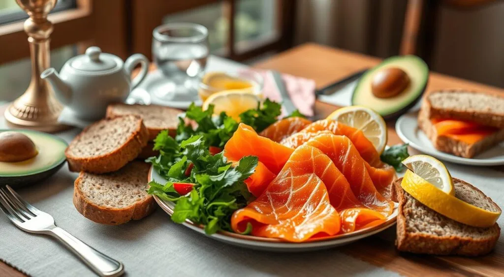 A slice of whole-grain toast topped with mashed avocado,Smoked Salmon Recipes Breakfast, a poached egg, and a sprinkle of everything bagel seasoning.