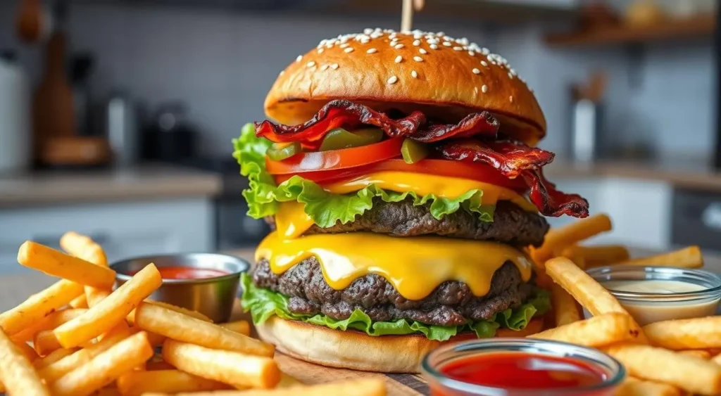 Close-up of a perfectly seared beef burgers patty cooking on a grill.