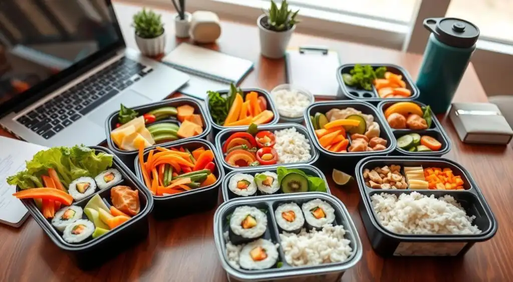 Creative bento box filled with colorful, healthy ingredients for a balanced lunch.