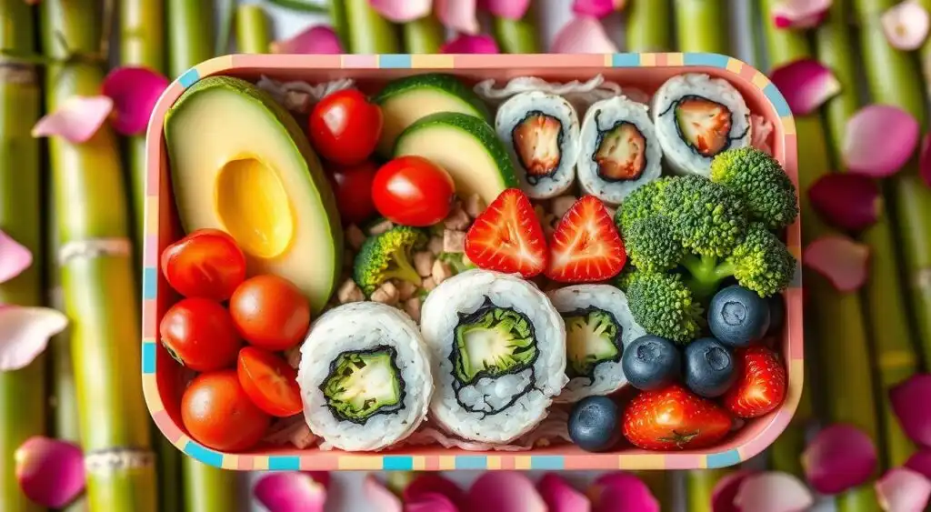 Healthy and fun bento box idea with fruits, veggies, and lean proteins for lunch.