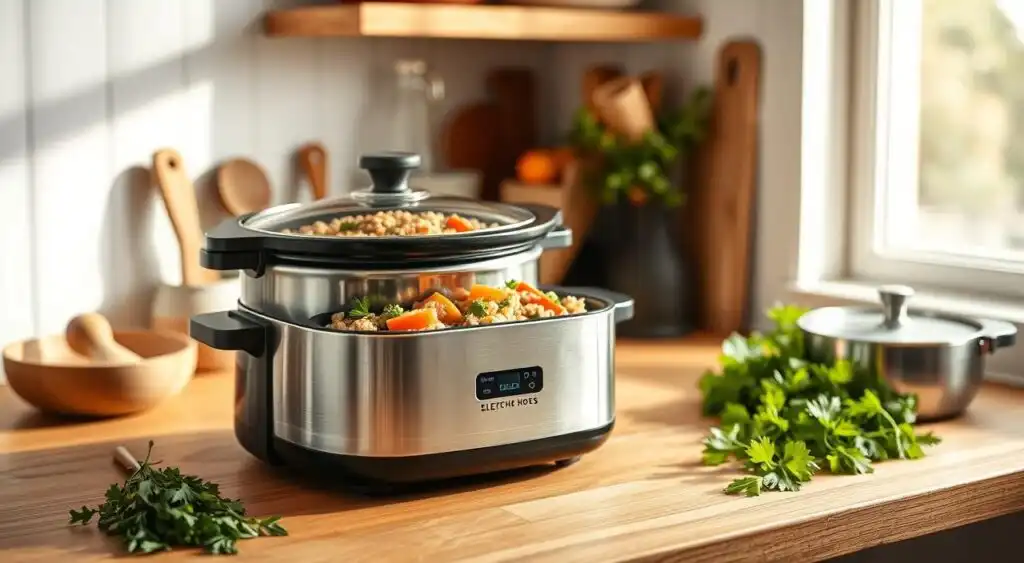 Portable crock pot electric lunch box on an office desk.