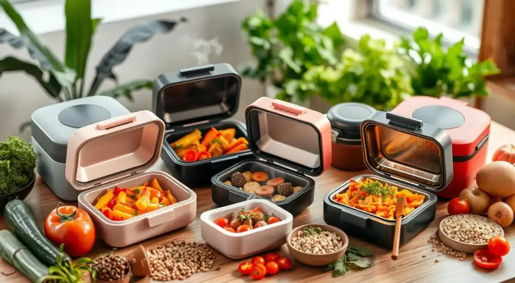 Electric lunch box filled with healthy and delicious food for work.