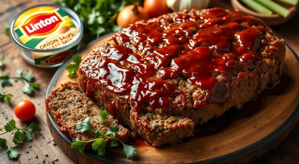 A sliced Lipton Onion Soup meatloaf served on a white platter, garnished with fresh parsley, alongside roasted vegetables.