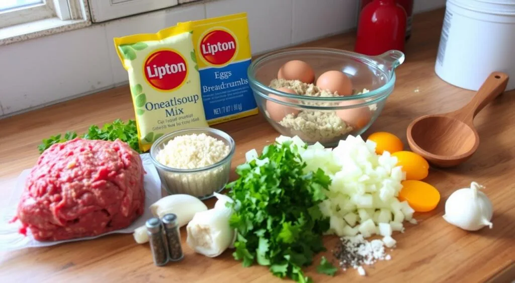 Ingredients for Lipton Onion Soup meatloaf, including ground beef, Lipton Onion Soup mix, eggs, breadcrumbs, and ketchup, arranged on a kitchen counter.