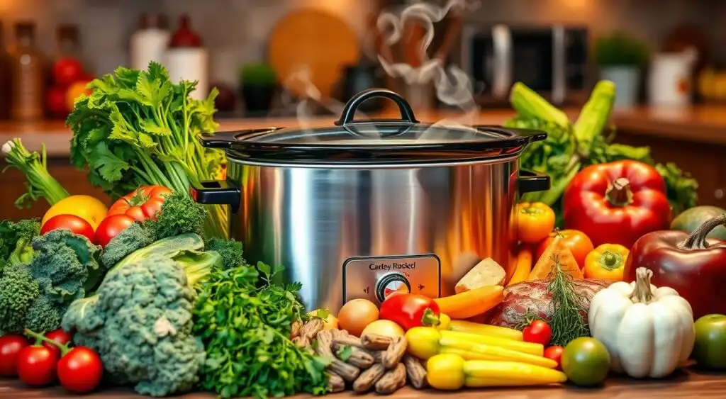 Wholesome crockpot meal served in a bowl with fresh herbs.