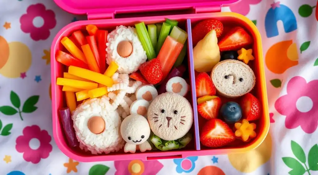 Creative bento box design with fruits, vegetables, and themed snacks for kids.