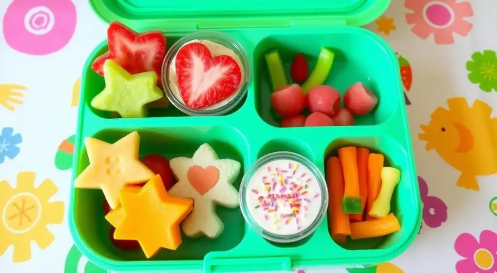 Well-balanced bento lunch box featuring playful food arrangements for school.