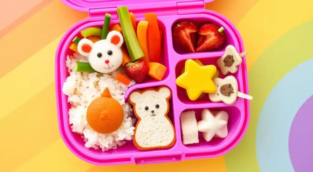 Colorful bento box for kids packed with healthy and fun school lunch ideas.