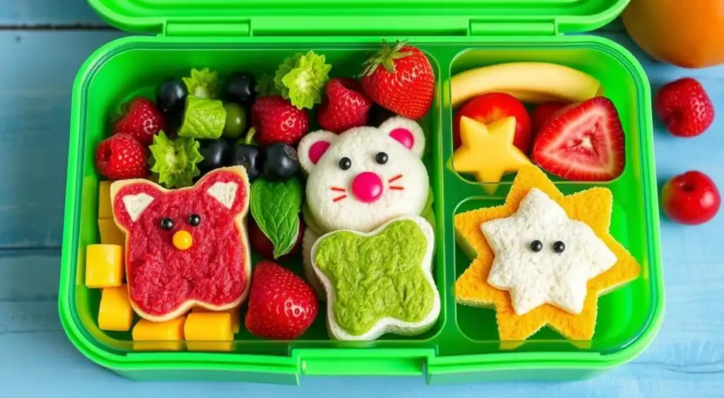 Vibrant lunch box with compartments filled with nutritious snacks and meals.