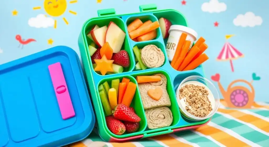 Colorful and fun Children's Lunch Box Ideas with healthy school meal options.