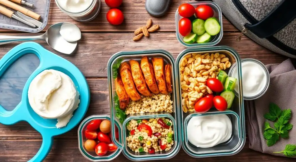 Healthy lunch box packed with protein-rich foods like chicken, eggs, and legumes.