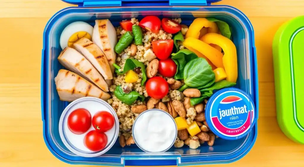 Balanced lunch box with protein-packed ingredients for busy people on the go.