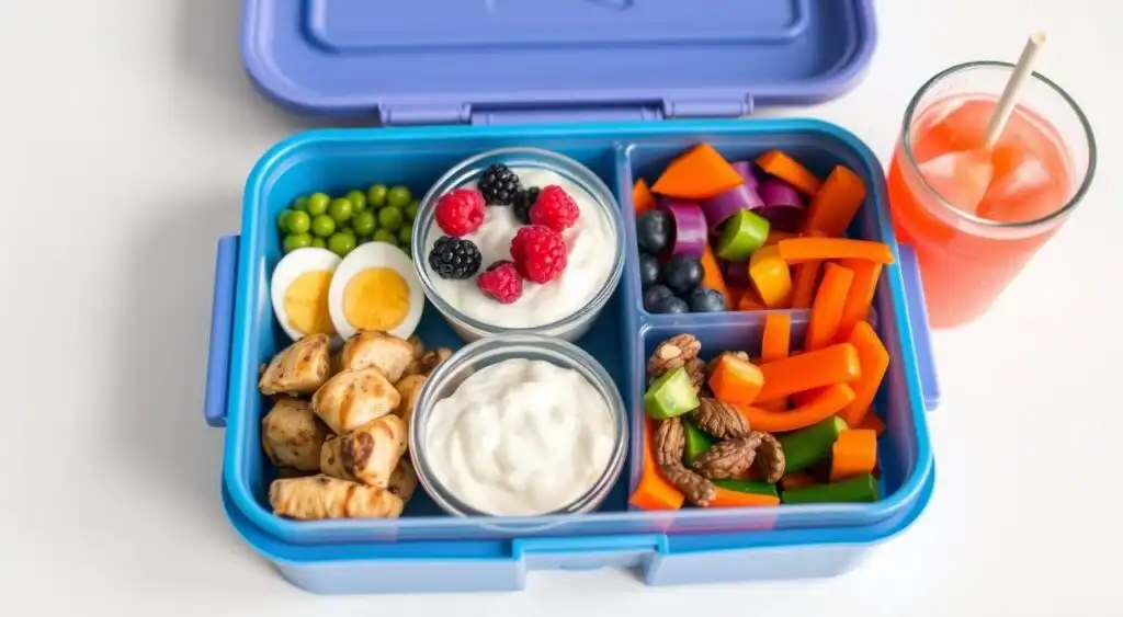 High-protein lunch box with lean meats, quinoa, and veggies for a nutritious meal.