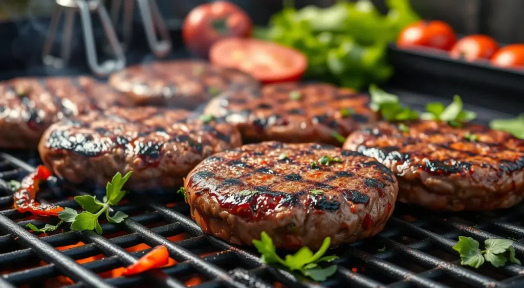 Gourmet beef burgers served with crispy fries and a side of ketchup.