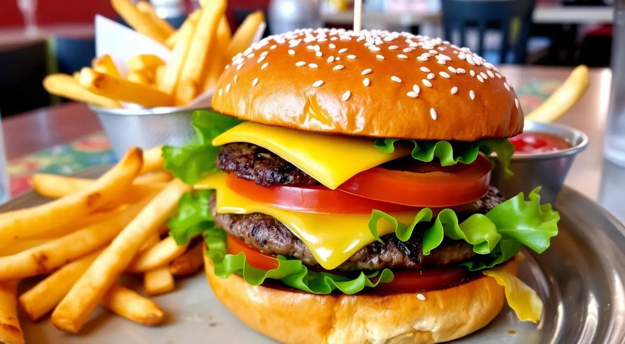 Juicy beef burger with melted cheese, lettuce, tomato, and onions on a toasted bun.