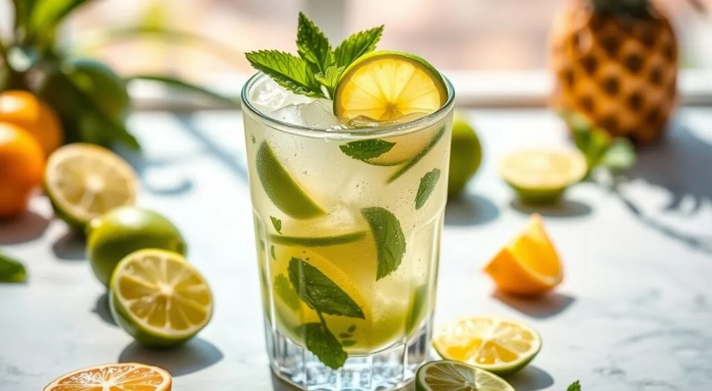 Ingredients for a fresh and healthy non-alcoholic skinny margarita, featuring lime juice, orange juice, agave syrup, and sparkling water.