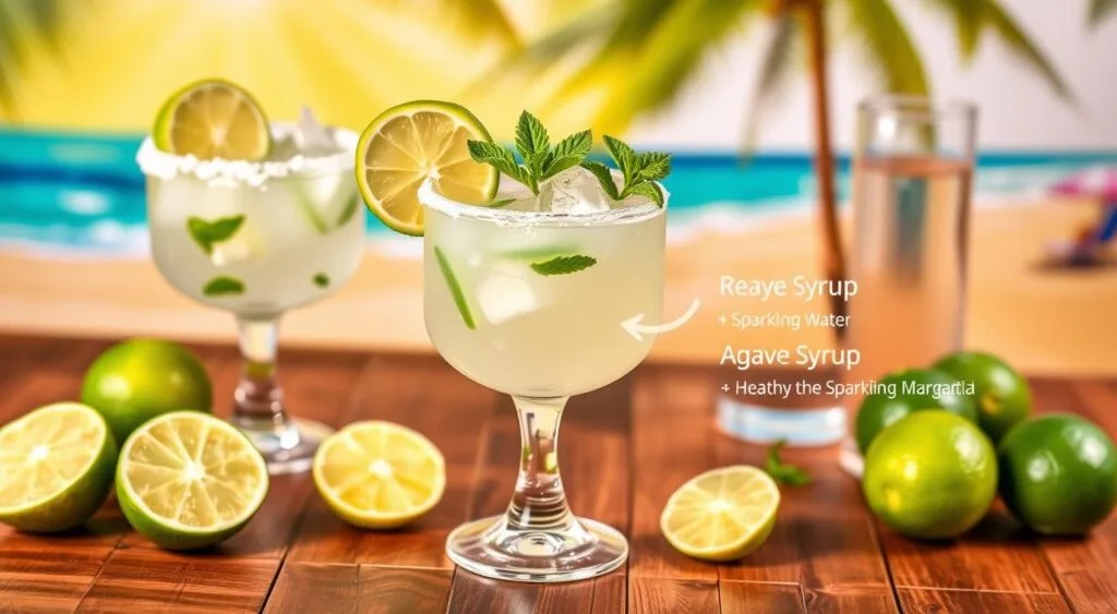 Non-alcoholic skinny margarita in a glass with a salted rim, lime garnish, and fresh lime slices, perfect for a healthy summer drink.