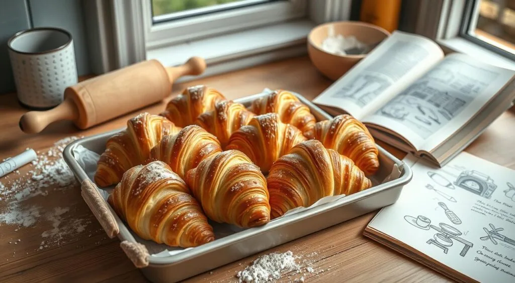 Step-by-step process of making Swiss Gipfeli croissants, showing dough rolling and crescent shaping.