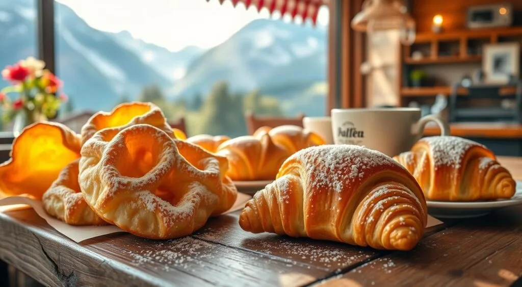 Freshly baked Swiss Gipfeli croissants on a baking tray, golden brown with a flaky, buttery texture.