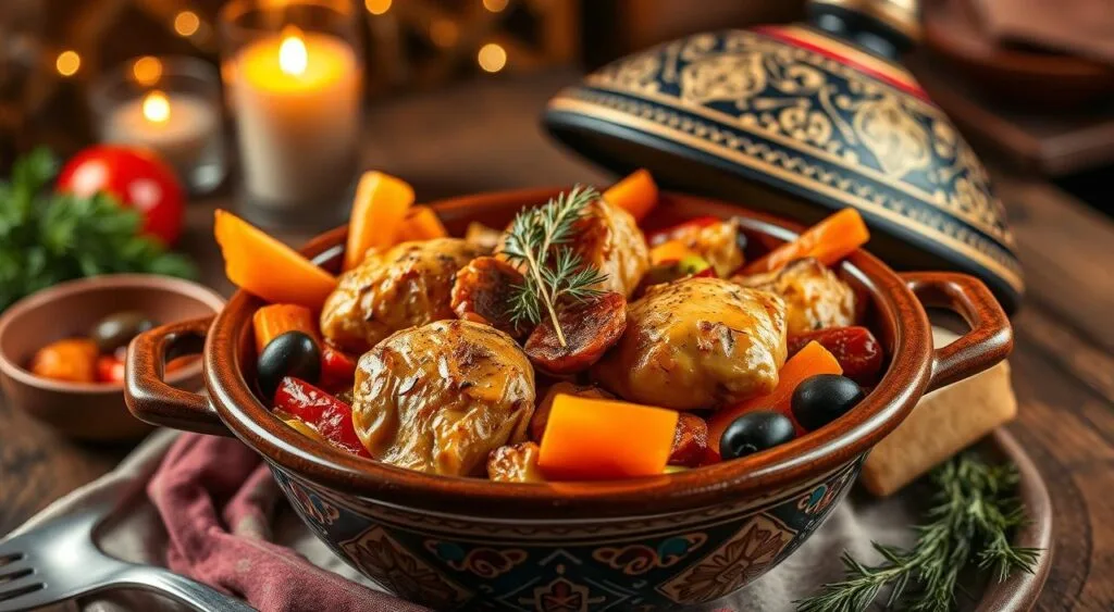 Traditional Moroccan chicken tagine simmering in a clay pot with olives, preserved lemons, and aromatic spices