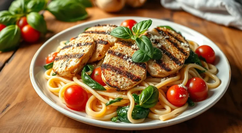 Juicy Tuscan chicken breasts served over pasta, garnished with fresh basil and parmesan cheese