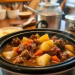 Hearty slow cooker beef stew with tender chunks of beef, carrots, and potatoes in a rich onion soup mix gravy