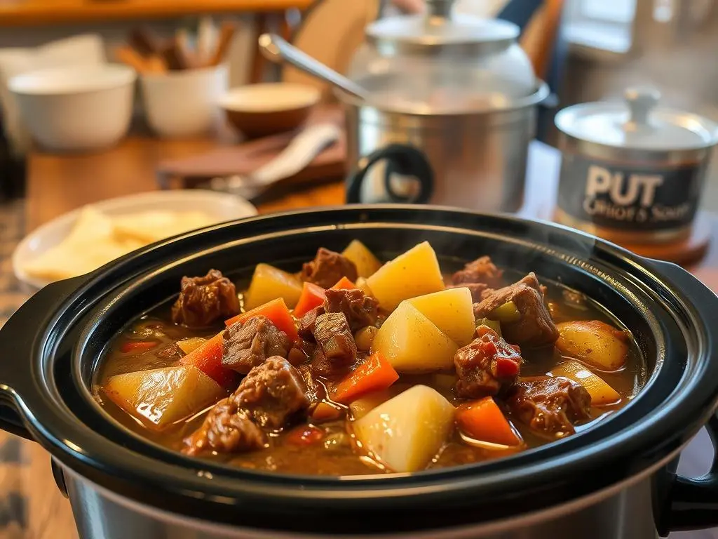 Hearty slow cooker beef stew with tender chunks of beef, carrots, and potatoes in a rich onion soup mix gravy