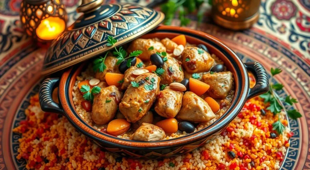 Tender slow-cooked chicken tagine served in a decorative Moroccan dish, garnished with fresh cilantro and almonds