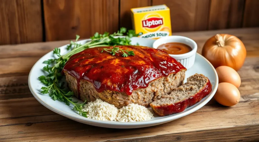 Freshly baked 4-ingredient meatloaf in a loaf pan, with a caramelized ketchup glaze on top