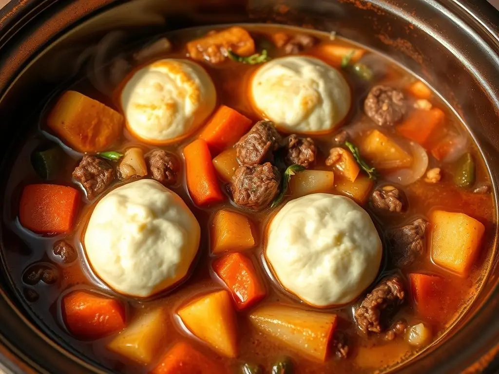 Slow cooker filled with simmering beef stew, featuring a thick, flavorful broth and vegetables