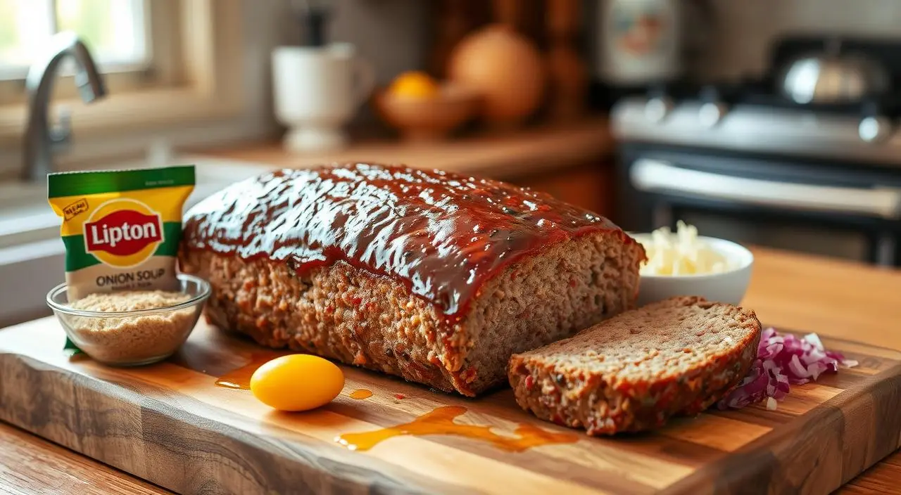 Juicy meatloaf made with Lipton onion soup mix, sliced on a wooden board and served with mashed potatoes