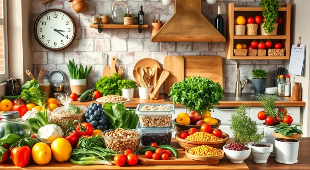 Assorted Mediterranean diet ingredients, including olive oil, nuts, whole grains, and fresh produce on a wooden table