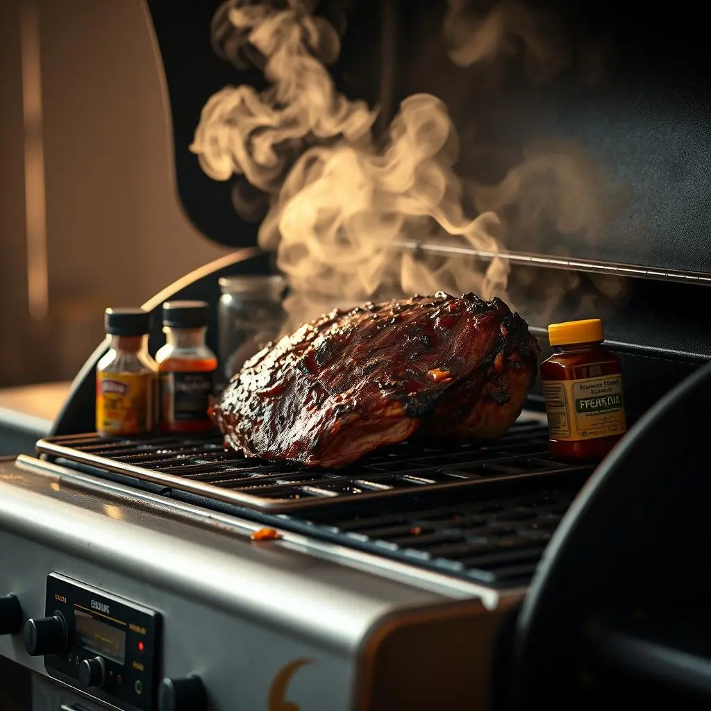 Perfectly smoked brisket sliced on a wooden cutting board, showing a juicy, tender interior and flavorful bark