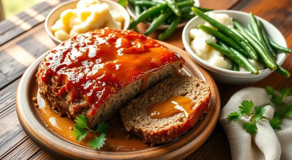 Classic meatloaf with Lipton onion soup mix, cut into slices and served with green beans and gravy