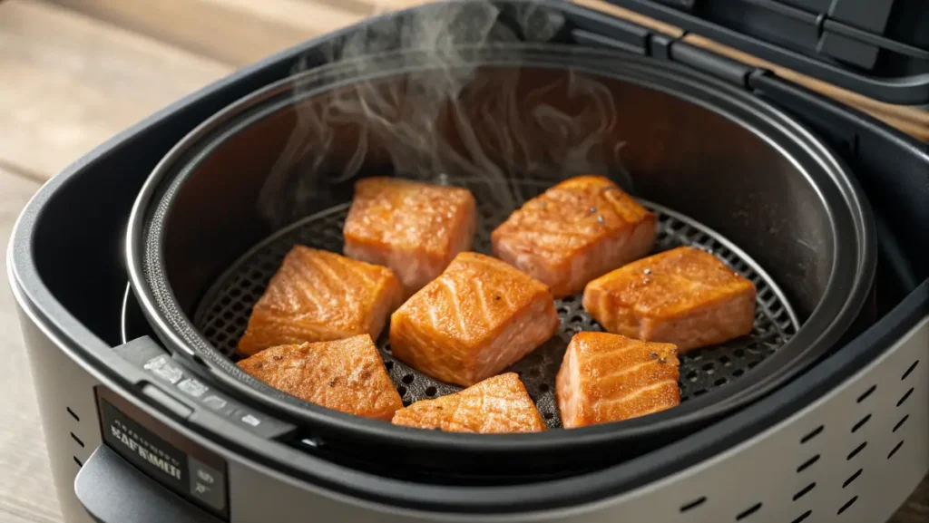 Bang Bang Salmon Bites cooking in air fryer