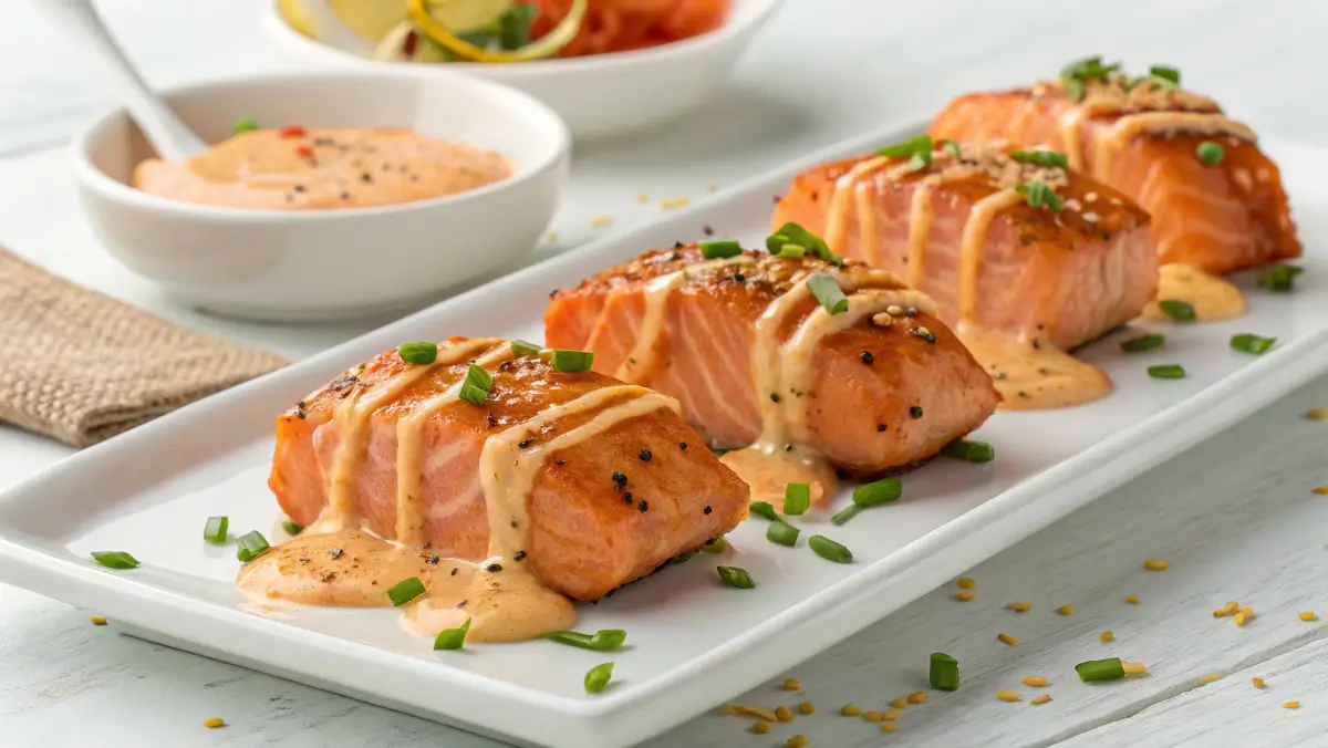 Bang Bang Salmon Bites close up on plate